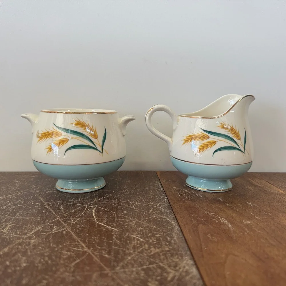 Vintage Creamer and Sugar Bowl Set Golden Wheat‎ Blue Base Gold Trim MCM